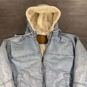 American Eagle Denim Jacket Women Medium Light Blue Sherpa Lined Hooded Bomber